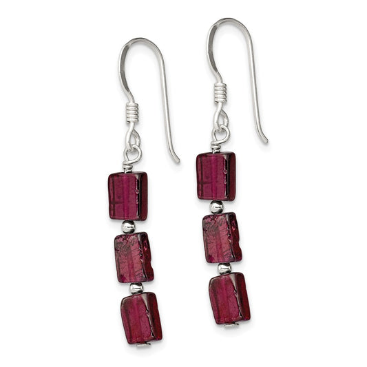 QE9744 Sterling Silver Polished Triple Rectangle Garnet Dangle Earrings