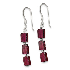 QE9744 Sterling Silver Polished Triple Rectangle Garnet Dangle Earrings