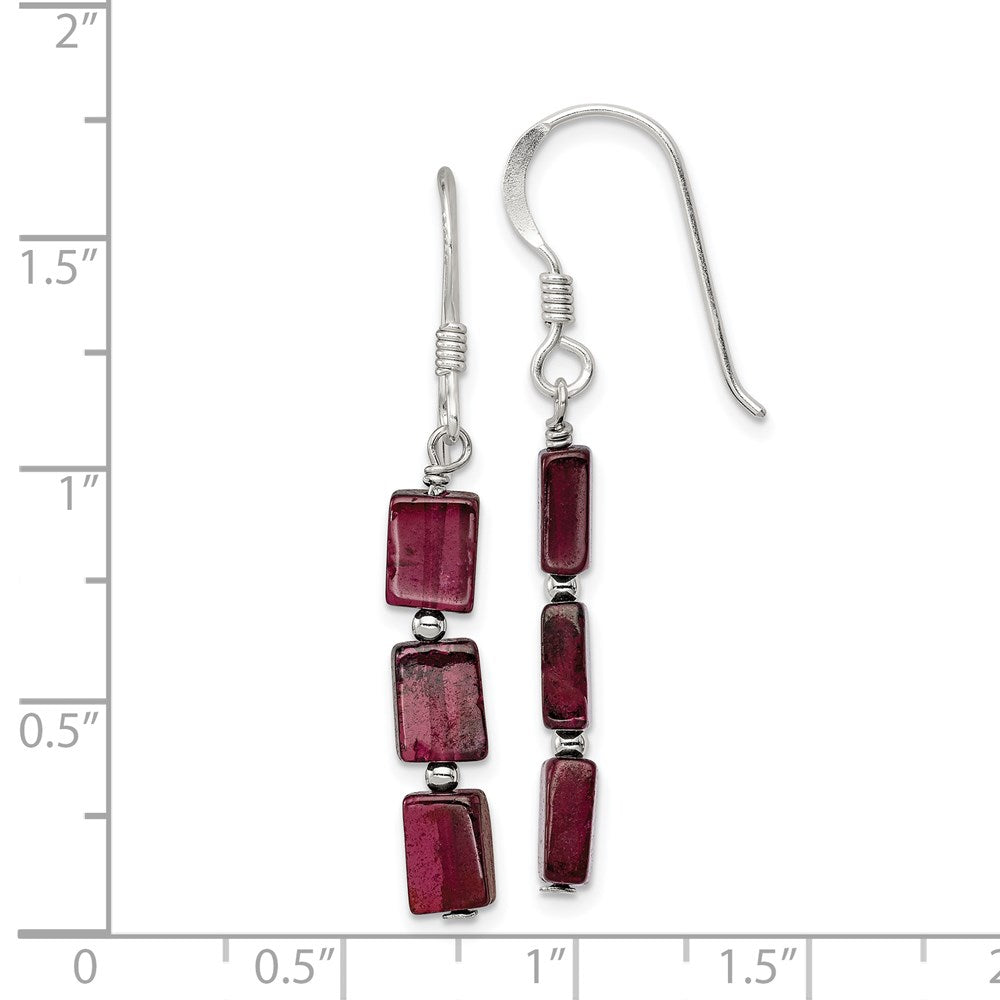 QE9744 Sterling Silver Polished Triple Rectangle Garnet Dangle Earrings