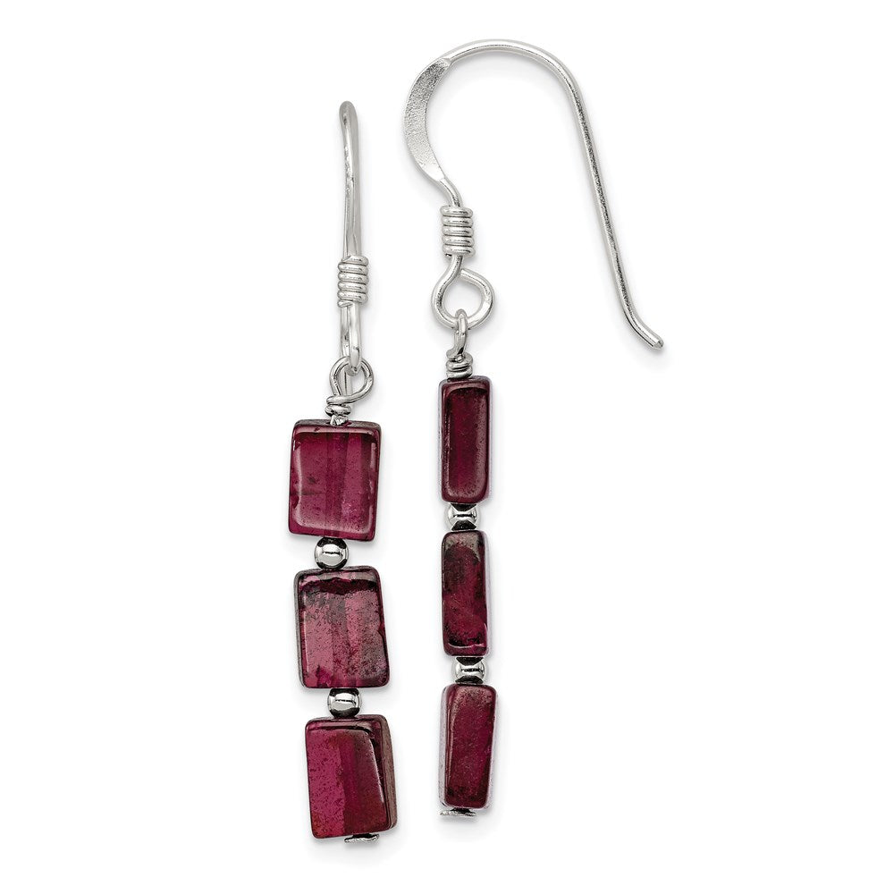 QE9744 Sterling Silver Polished Triple Rectangle Garnet Dangle Earrings