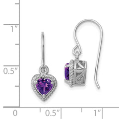 QE9795AM Sterling Silver Rhodium Plated Amethyst Small Heart Earrings