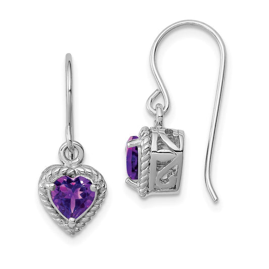 QE9795AM Sterling Silver Rhodium Plated Amethyst Small Heart Earrings