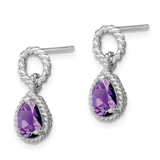 QE9796AM Sterling Silver Rhodium Plated Amethyst Pear Twisted Earrings