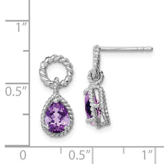 QE9796AM Sterling Silver Rhodium Plated Amethyst Pear Twisted Earrings