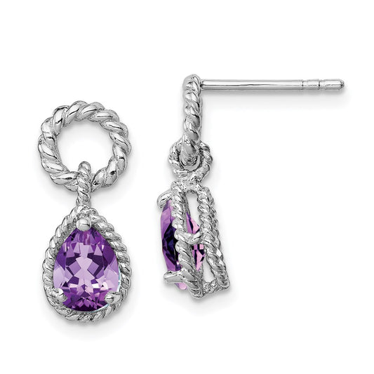 QE9796AM Sterling Silver Rhodium Plated Amethyst Pear Twisted Earrings