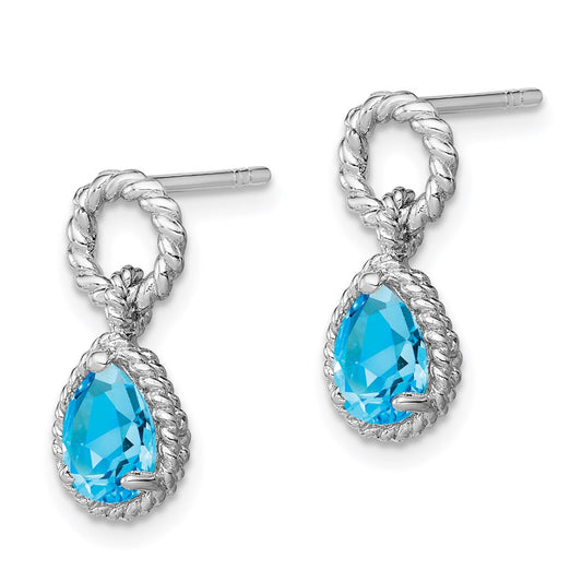 QE9796BT Sterling Silver Rhodium Plated Blue Topaz Pear Twisted Post Earrings