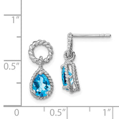 QE9796BT Sterling Silver Rhodium Plated Blue Topaz Pear Twisted Post Earrings