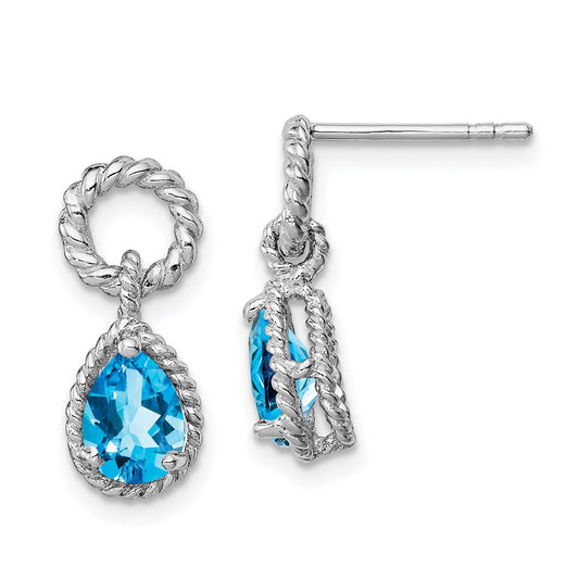 QE9796BT Sterling Silver Rhodium Plated Blue Topaz Pear Twisted Post Earrings