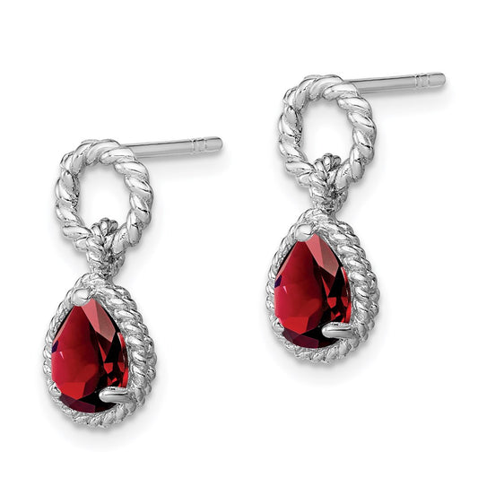 QE9796GA Sterling Silver Rhodium Plated Garnet Twisted Circle Post Earrings