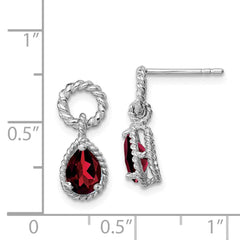 QE9796GA Sterling Silver Rhodium Plated Garnet Twisted Circle Post Earrings