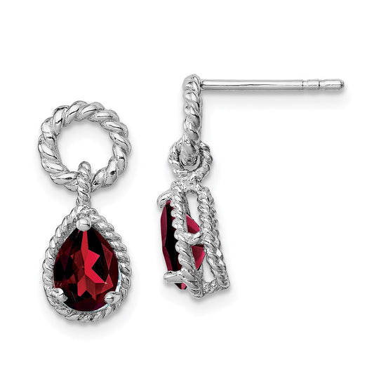 QE9796GA Sterling Silver Rhodium Plated Garnet Twisted Circle Post Earrings