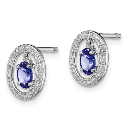 QE9926TZ Sterling Silver Rhodium Plated Diamond & Tanzanite Oval Post Earrings