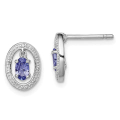 QE9926TZ Sterling Silver Rhodium Plated Diamond & Tanzanite Oval Post Earrings