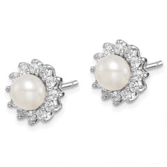 QE9936 Sterling Silver Rhodium Plated CZ and FW Cultured Pearl Post Ear