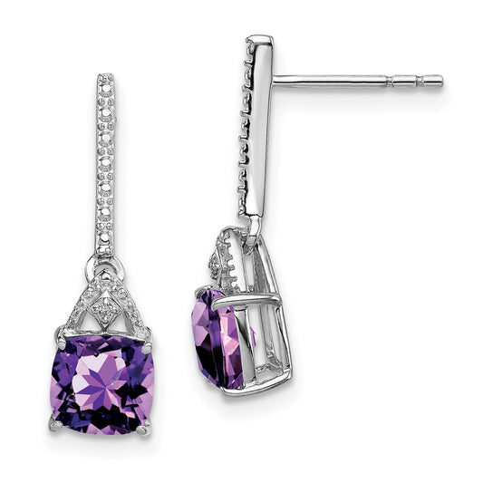 QE9957AM Sterling Silver Rhodium Plated Diamond and Amethyst Post Earrings