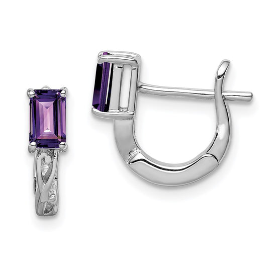 QE9959AM Sterling Silver Rhodium Plated Amethyst Hinged Hoop Earrings