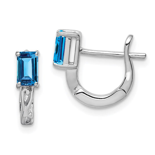 QE9959BT Sterling Silver Rhodium Plated Blue Topaz Hinged Hoop Earrings