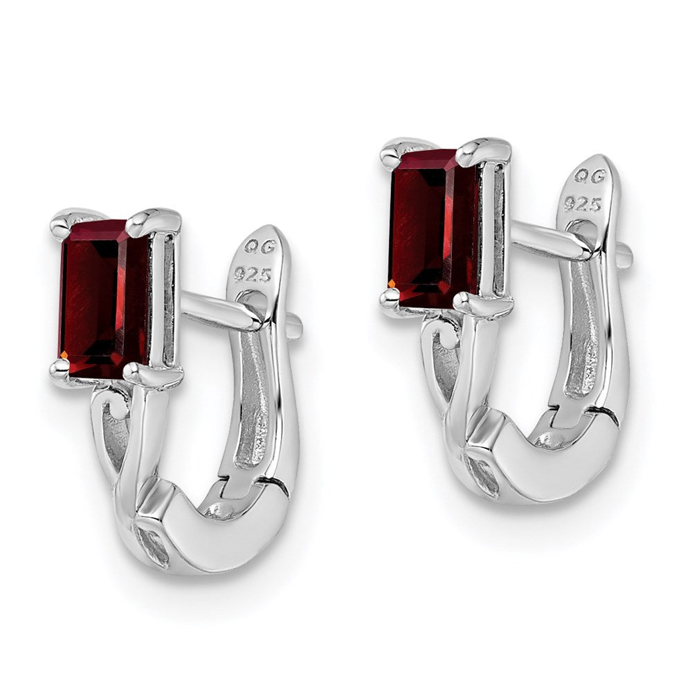 QE9959GA Sterling Silver Rhodium Plated Garnet Hinged Hoop Earrings