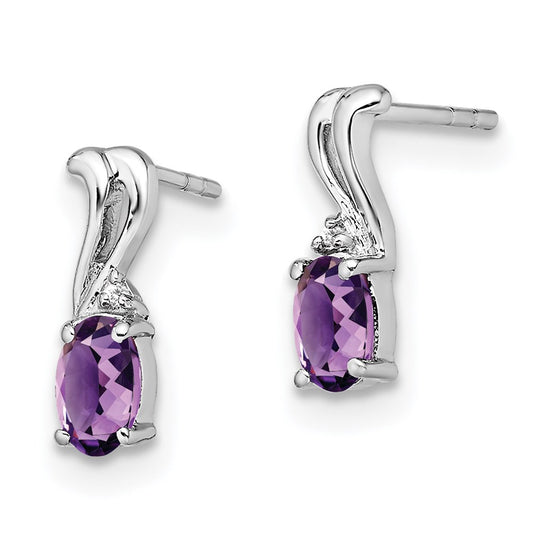 QE9967AM Sterling Silver Rhodium Plated Diamond and Amethyst Oval Post Earrings