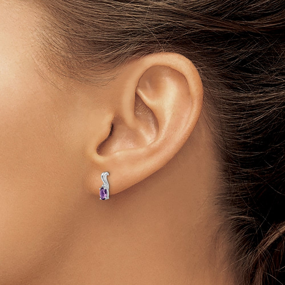 QE9967AM Sterling Silver Rhodium Plated Diamond and Amethyst Oval Post Earrings