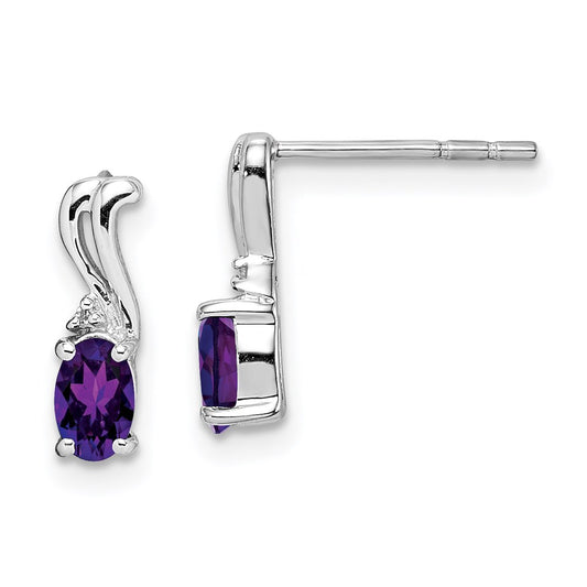 QE9967AM Sterling Silver Rhodium Plated Diamond and Amethyst Oval Post Earrings