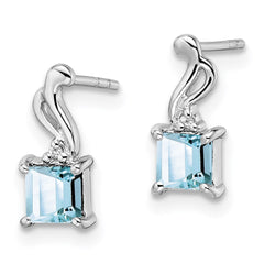 QE9975AQ Sterling Silver Rhodium Plated Dia. Aquamarine Square Post Earrings
