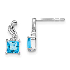 QE9976BT Sterling Silver Rhodium Plated Diamond and Blue Topaz Square Earrings