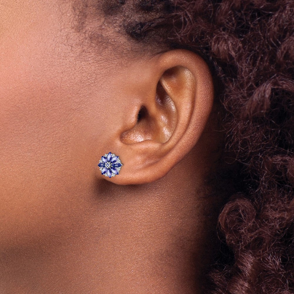 QE9988TZ Sterling Silver Rhodium Plated Diamond & Tanzanite Post Earrings