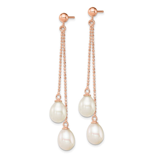 QER12777 Sterling Silver Rose-tone 7-8mm White Rice Freshwater Cultured Pearl Post Dangle Earrings
