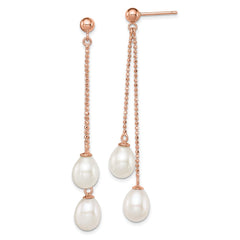 QER12777 Sterling Silver Rose-tone 7-8mm White Rice Freshwater Cultured Pearl Post Dangle Earrings