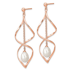QER13852 Sterling Silver Rose-tone 7-8mm White Rice Freshwater Cultured Pearl Post Dangle Earrings