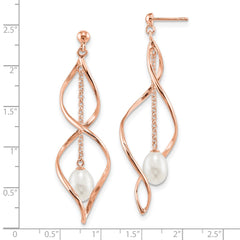 QER13852 Sterling Silver Rose-tone 7-8mm White Rice Freshwater Cultured Pearl Post Dangle Earrings