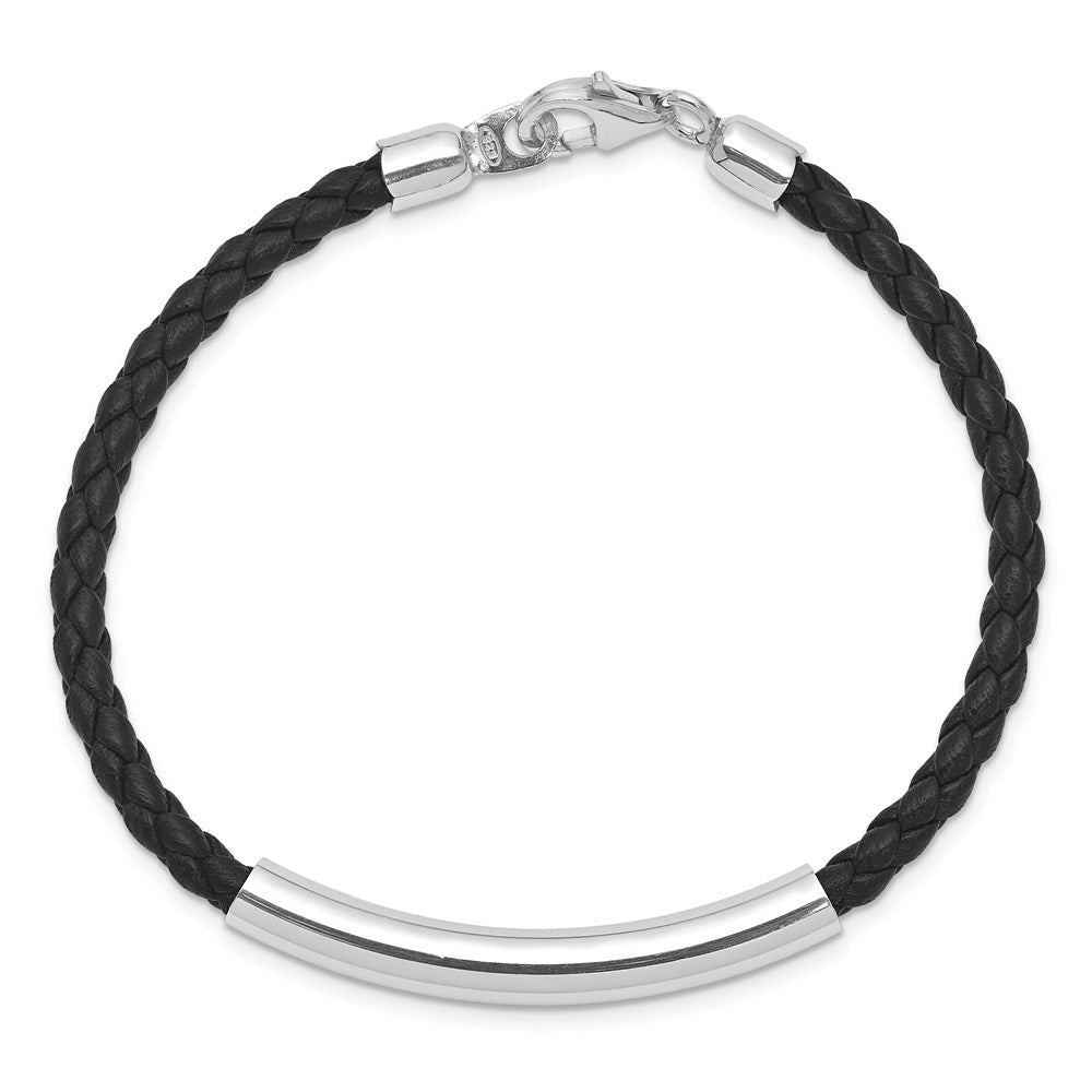 Sterling Silver Rhodium-plated Braided Black Leather Bracelet QG1083-7