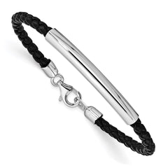 Sterling Silver Rhodium-plated Braided Black Leather Bracelet QG1083-7