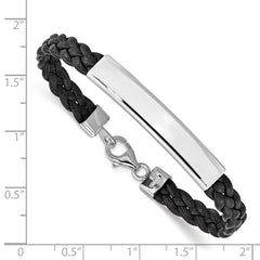 Sterling Silver Rhodium-plated Black Braided Leather Bracelet QG1086-7