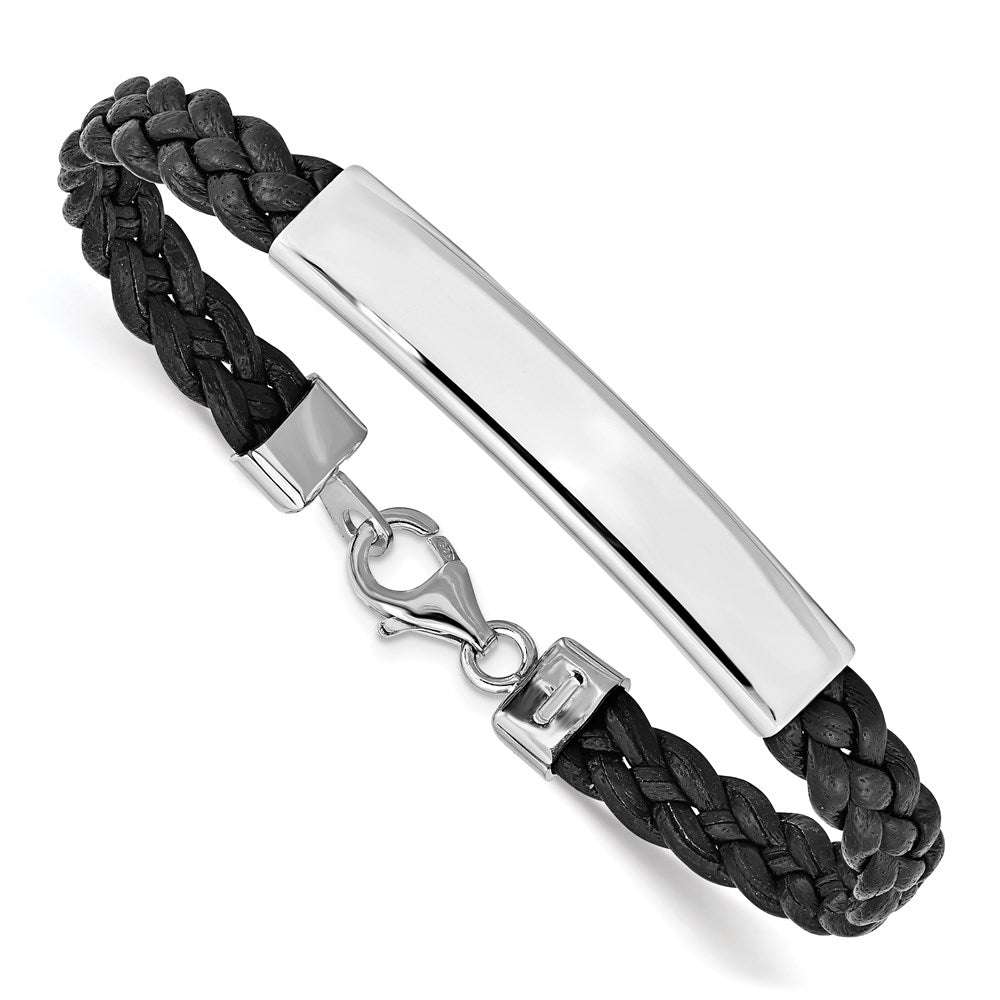 Sterling Silver Rhodium-plated Black Braided Leather Bracelet QG1086-7