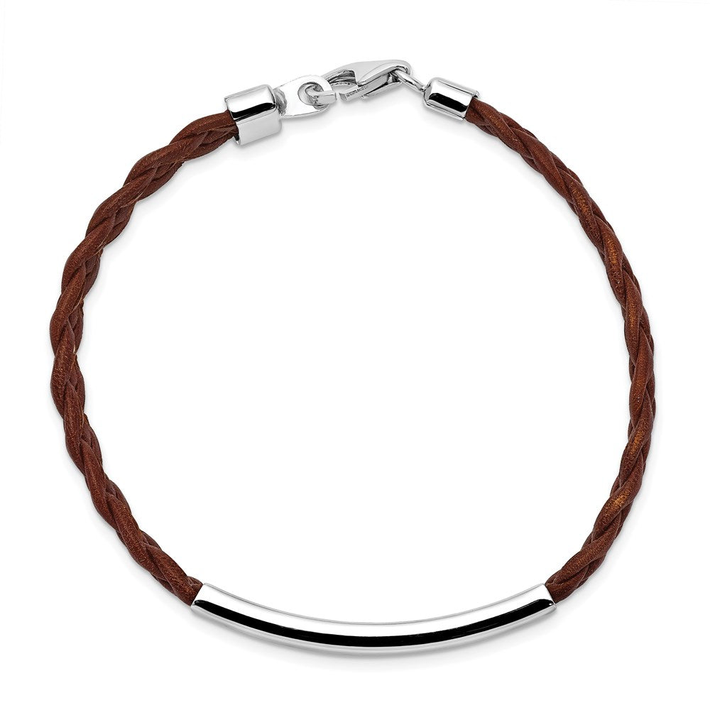 Sterling Silver Rhodium-plated Brown Braided Leather Bracelet QG1087-7