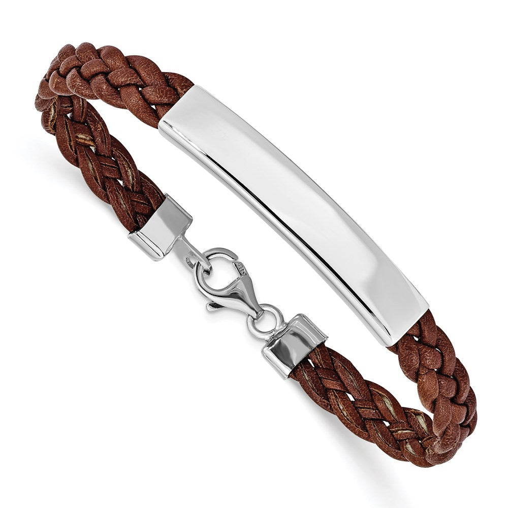 Sterling Silver Rhodium-plated Brown Braided Leather Bracelet QG1087-7