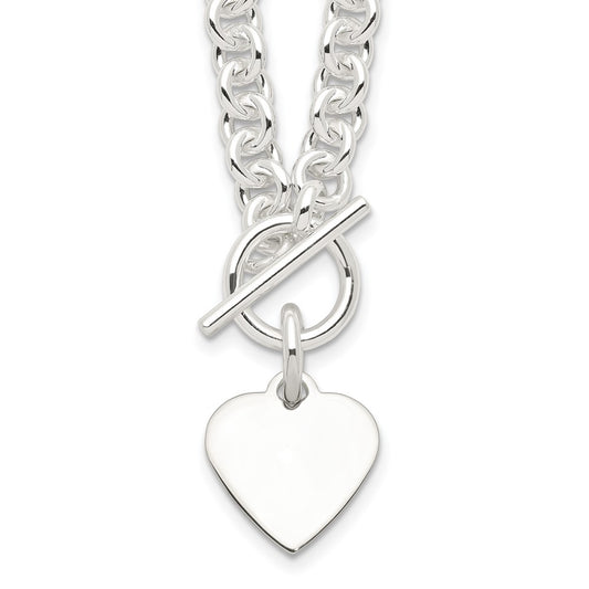 Sterling Silver Engraveable Heart Disc on Fancy Link Toggle 18in Necklace QG1149-18