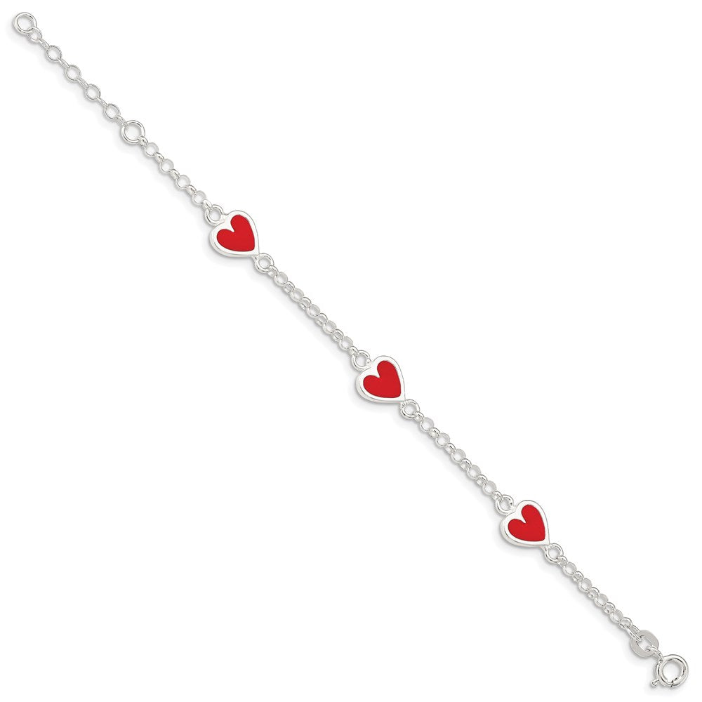 Sterling Silver Polished & Red Enamel Heart w/ 1in ext Children's Bracelet QG1326-6