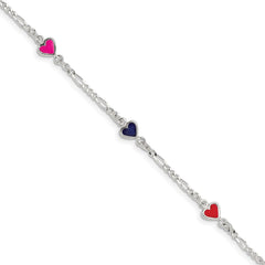 Sterling Silver Polished & Multi-color Enameled Hearts with 1 Inch Extension Children's Bracelet QG1327-6