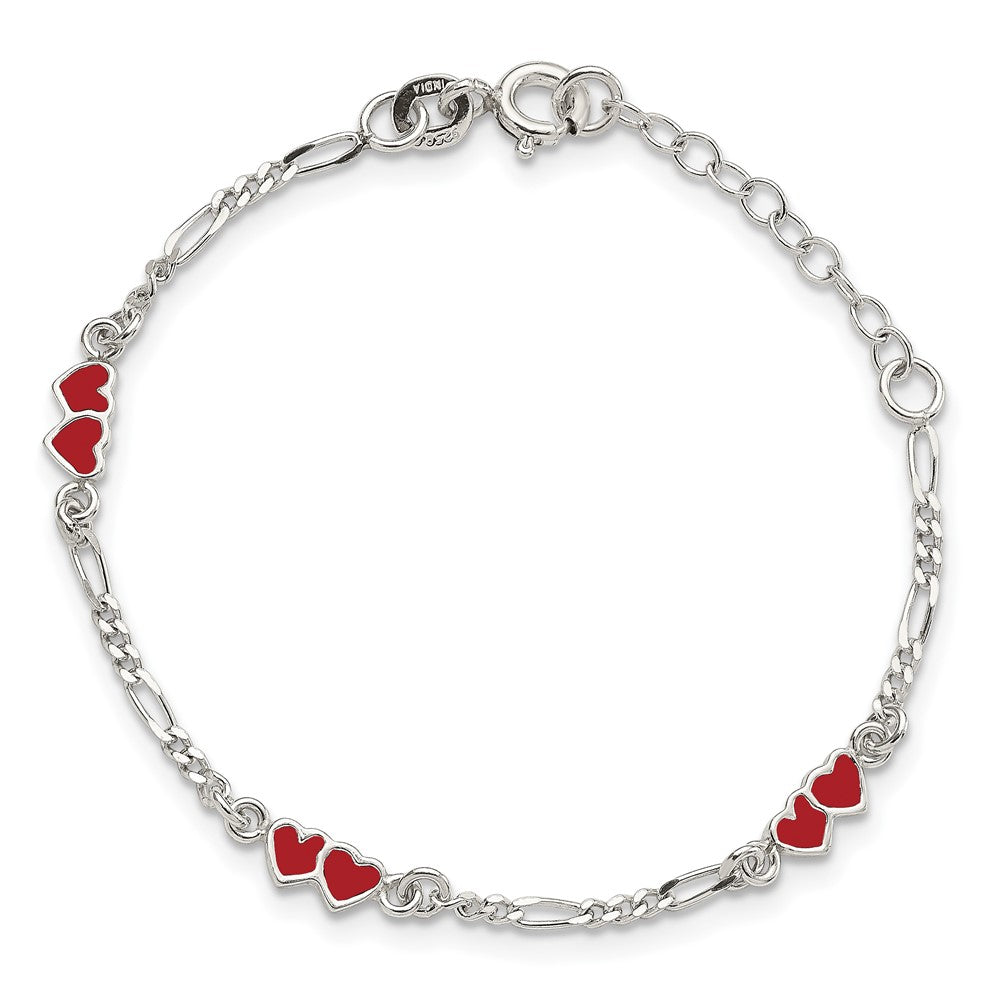 Sterling Silver Polished & Multi-color Enameled Double Heart with 1 Inch Extension Children's Bracelet QG1328-6