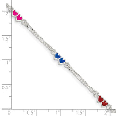 Sterling Silver Polished & Multi-color Enameled Double Heart with 1 Inch Extension Children's Bracelet QG1328-6