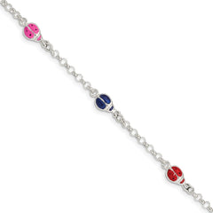 Sterling Silver Multi-color Enamel Ladybugs w/ 1in ext. Children's Bracelet QG1333-6