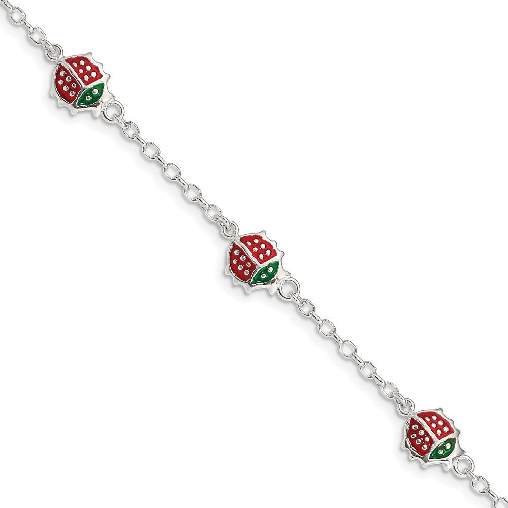 Sterling Silver Multi-color Enamel Ladybugs w/ 1in ext. Children's Bracelet QG1334-6