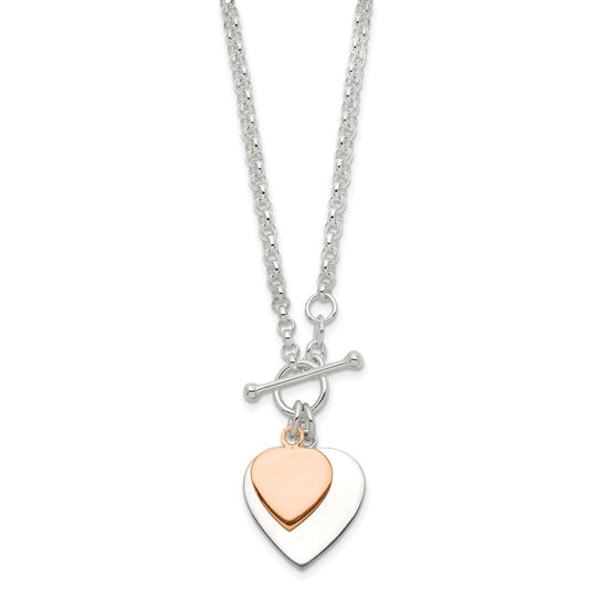 Sterling Silver w/Rose gold-plat Engraveable Double Heart Toggle Necklace QG1441RP-18