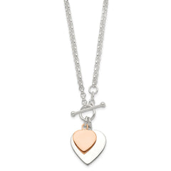 Sterling Silver w/Rose gold-plat Engraveable Double Heart Toggle Necklace QG1441RP-18