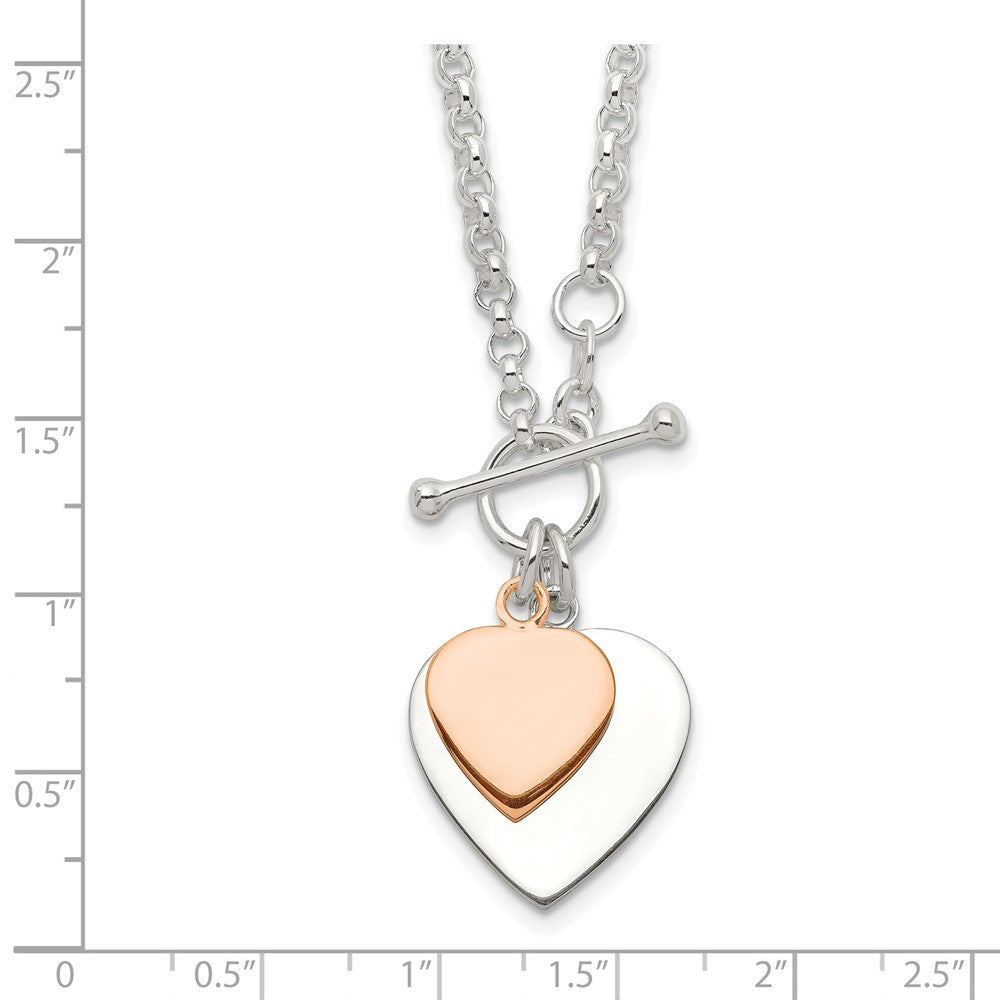 Sterling Silver w/Rose gold-plat Engraveable Double Heart Toggle Necklace QG1441RP-18