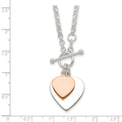 Sterling Silver w/Rose gold-plat Engraveable Double Heart Toggle Necklace QG1441RP-18