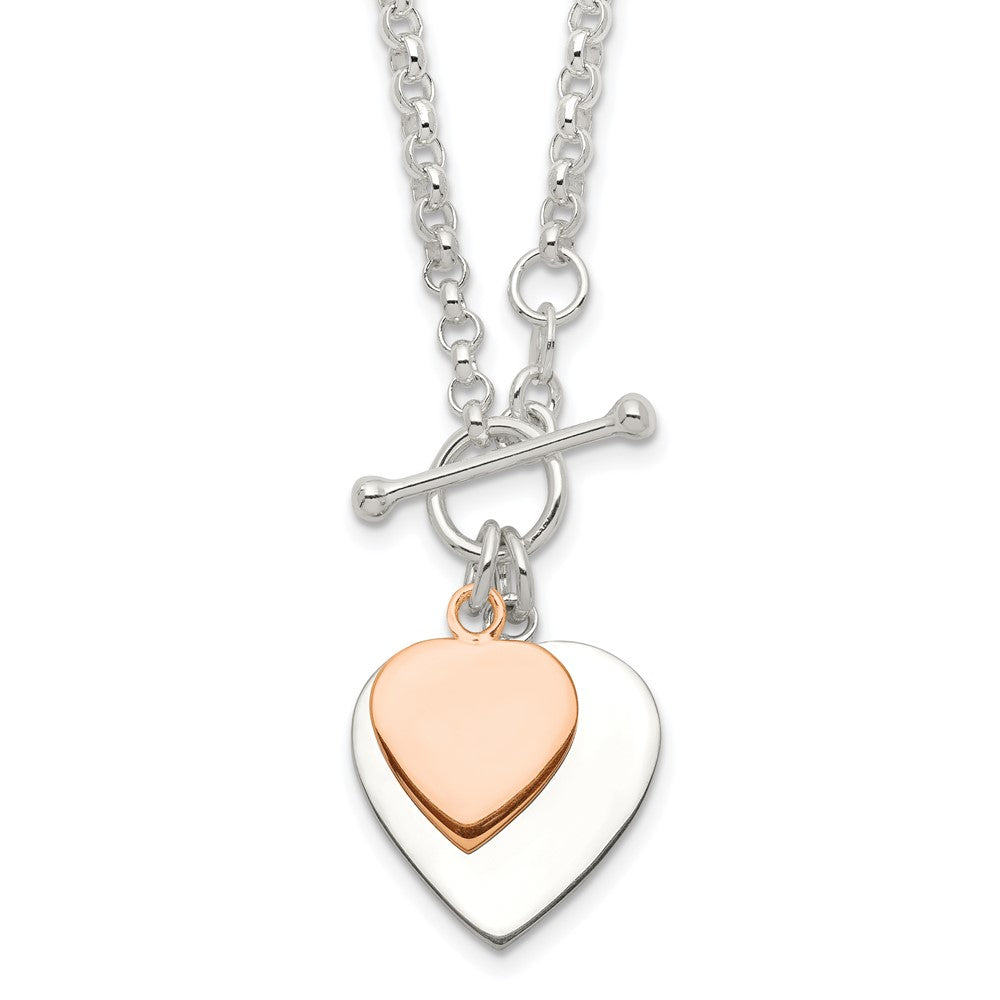 Sterling Silver w/Rose gold-plat Engraveable Double Heart Toggle Necklace QG1441RP-18
